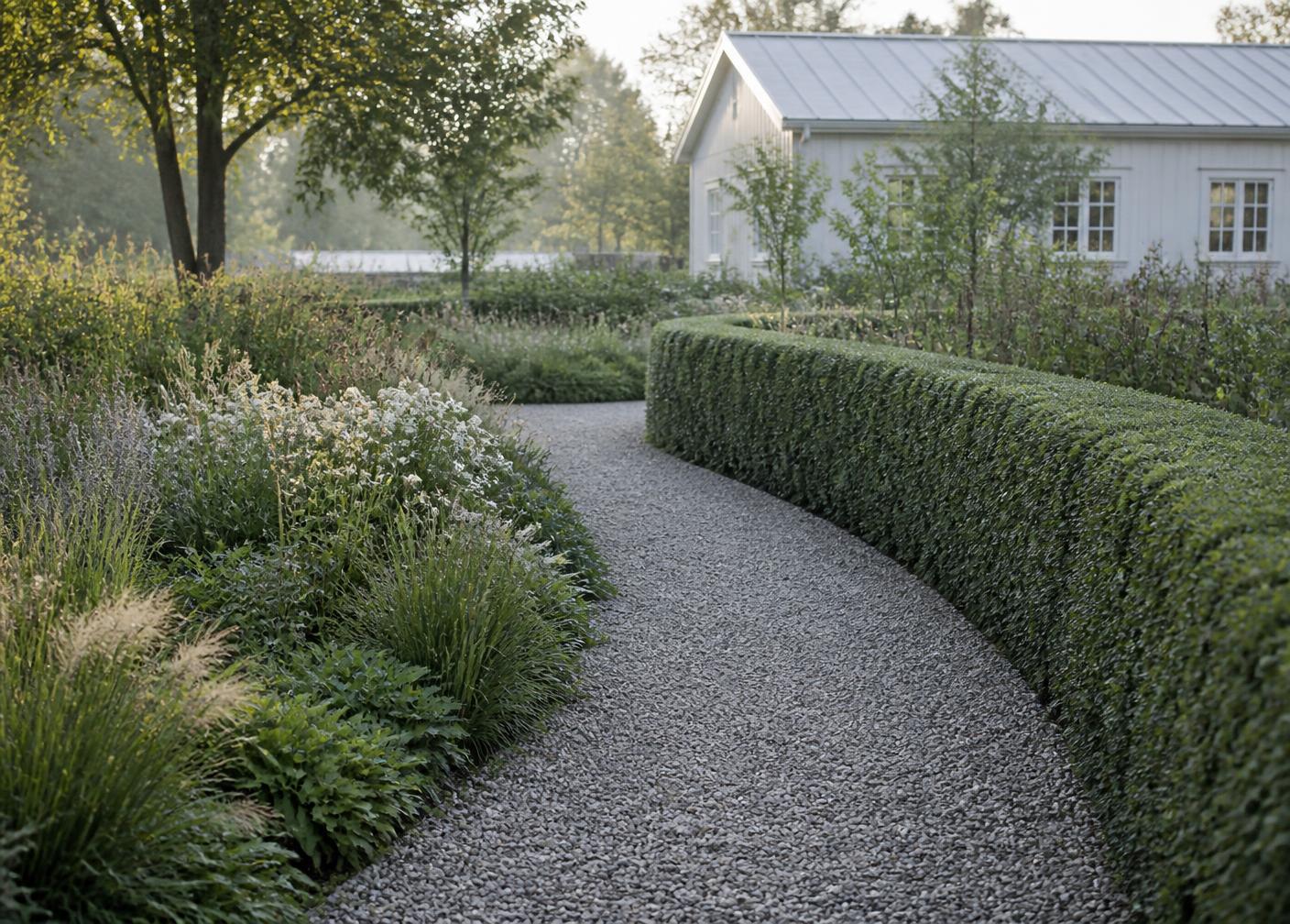 Grusgång som svänger mellan perennplantering och låg klippt häck