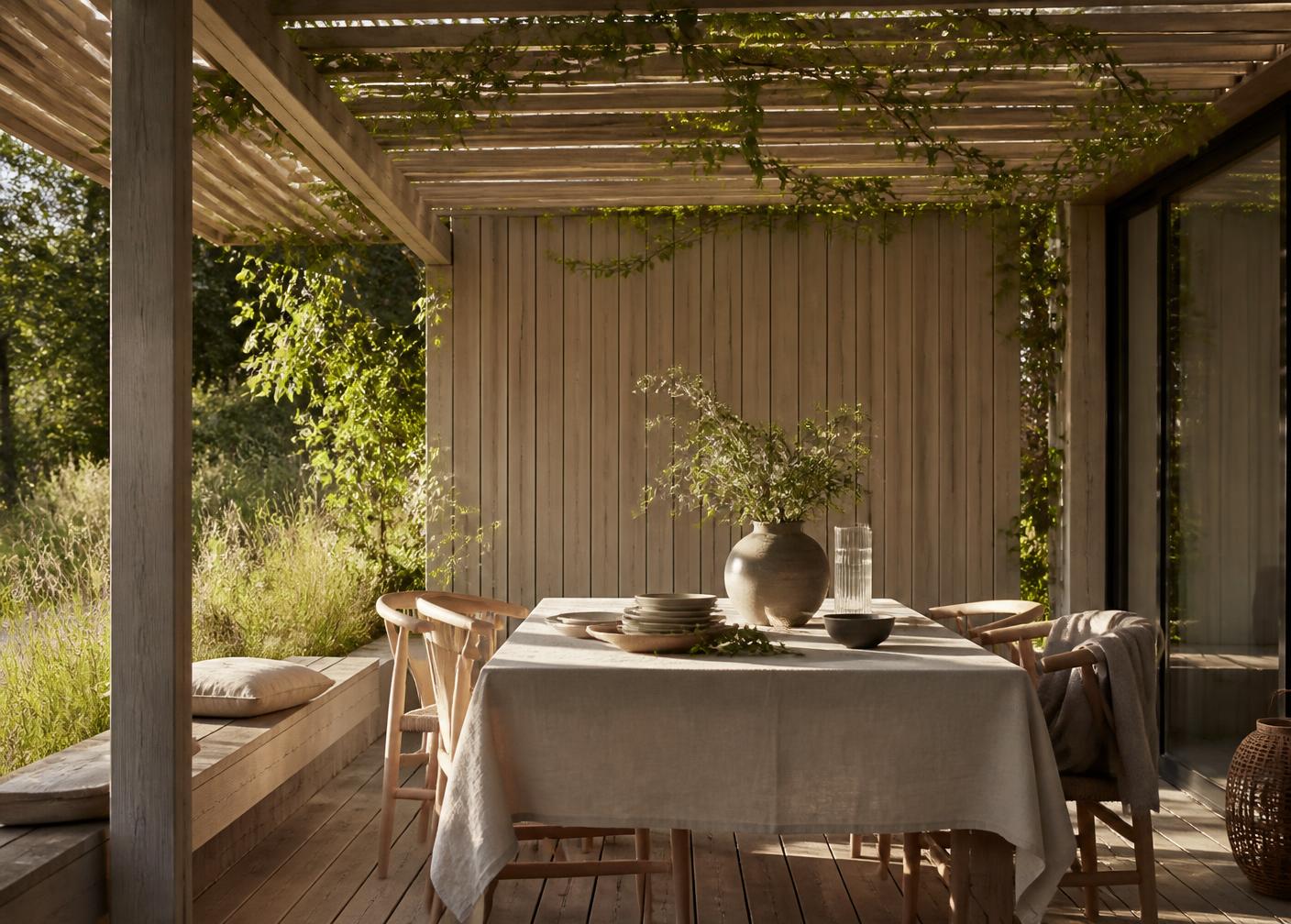 Uterum under pergola i trä med matbord, linne och klängväxter