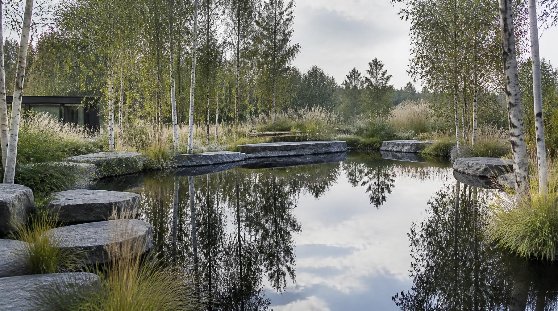 Damm i nordisk trädgård med björkar speglade i stilla vatten